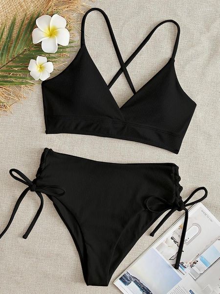 Damen-Badebekleidung, Bikini, Damen-Badeanzug, 2024, einfarbig, schwarz, hohe Taille, Bikini-Set, Schnür-Badeanzug, Sommer, brasilianischer Strand, zweiteilig