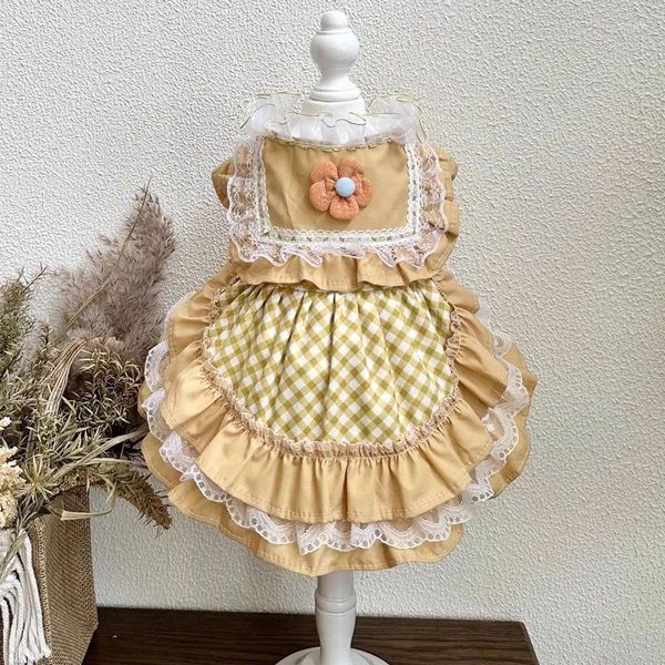 Cão vestuário outono retro cáqui amarelo roupas para animais de estimação yorkshire poodle saias artesanais algodão vestido de princesa para pequeno casaco de cachorro médio