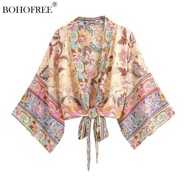 T-shirt bohemian kapak up rayon pamuklu bezelye baskı kısa şal kimono üst kadınlar rahat sokak kıyafeti kısa şal blusas