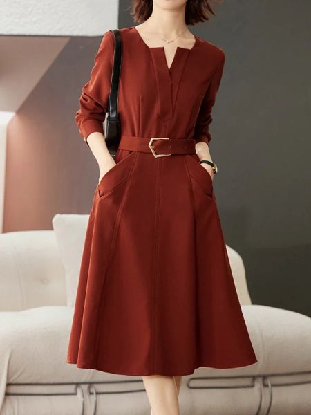 Платье-платье для женщин, новинка 2024 года, осеннее однотонное длинное платье с длинными рукавами, корейские элегантные вечерние платья, уличная женская одежда, халат