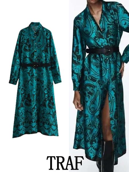 Vestidos casuais traf 2024 mulher impressa camisa midi manga longa moda com cinto vintage primavera outono causal elegante magro