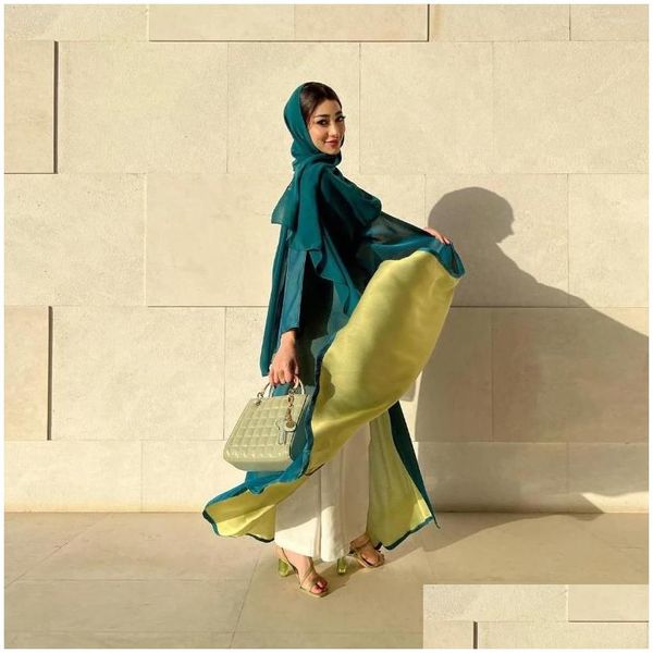 Abbigliamento etnico Moda Dubai Chiffon Colore a contrasto Abaya aperto per donna Araba kuwaitiana Confortevole casual Marocain Islamico Drop Deli Dh5Js
