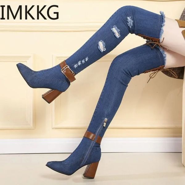 Jeans 2020 Delle Donne Del Denim Sopra Gli Stivali Al Ginocchio Punta a Punta di Spessore Tacchi Alti Scarpe da Donna Casual Nappa Cut-Out Jeans Lunghi botas Mujer