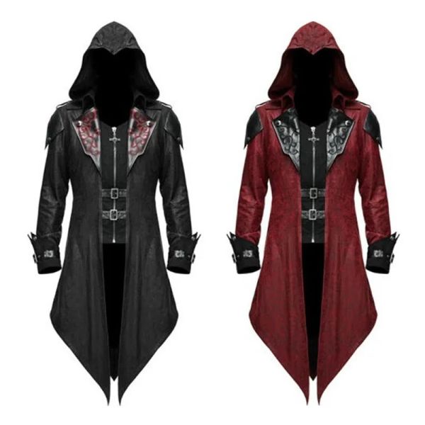 Suits Medieval Cadılar Bayramı Retro Patchwork ceket punk gotik smokin trençkot katlanır yakalı kapşonlu deri ceket suikastçısı kostüm