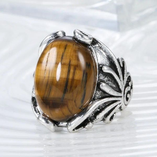 Cluster Anéis Antiguidades Banhado A Prata Natural Tiger Eye Pedra Anel Masculino Vintage Dedo Casamento Banda Aniversário Coleção Jóias