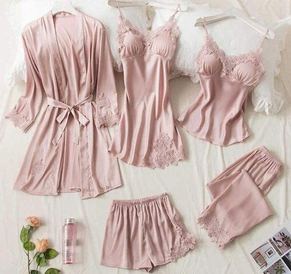 5 stücke Rosa Seide Robe Schlaf Anzug Frauen Spitze Satin Pyjamas Kleid Set V-ausschnitt Cami Nachthemden Tragen Pijama Hause nachtwäsche Frühling Pyjamas Q4398887