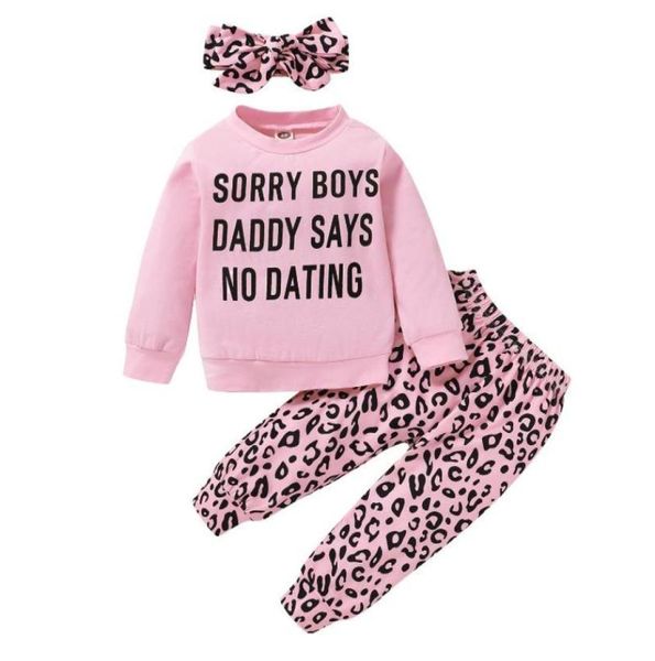 Abiti primaverili per bambini 1824 mesi Vestiti per bambina Rosa Papà dice di no incontri Top pantaloni leopardati con fascia per capelli Set di abbigliamento9351512