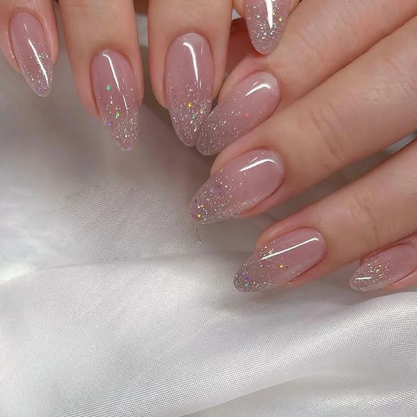 Glitter rosa unhas falsas imprensa em curto conjunto francês lantejoulas bonito arte do prego reutilizável unhas falsas acrílico dicas de cobertura completa com cola 240306