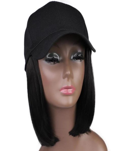 Perucas sintéticas chapéu de beisebol com cabelo preso para mulheres penteados bob curtos fáceis de usar ajustável black7135560