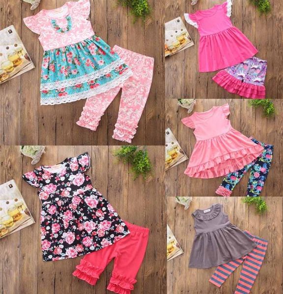 INS nuovo set vestito da ragazza children039s abiti fiori vestito con stampa spogliato pantaloni corti ragazza set da 2 pezzi ragazza volante senza maniche d6517771