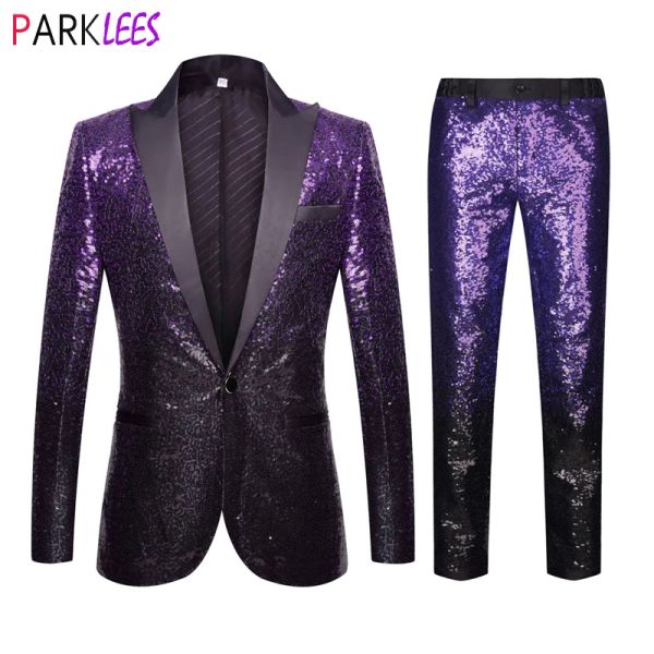 Anzüge luxurispurpurpur Seuchter Anzug Hosen Männer Peak -Kragen One Button Hochzeit 2pcs Anzüge Herren Party Prom Stage Sänger Kostüm Homme