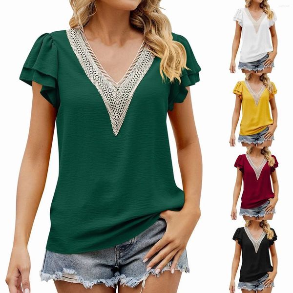 Blusas femininas verão babados chiffon camisa renda costura decote em v dupla camada manga voadora top feminino longo blusa de trabalho