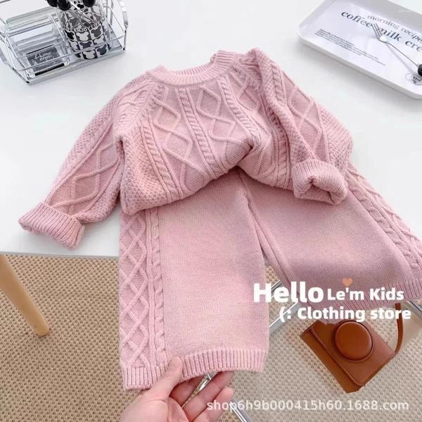 Conjuntos de roupas meninas outono tricô camisola pulôver inverno calças coreanas crianças de malha de lã ternos