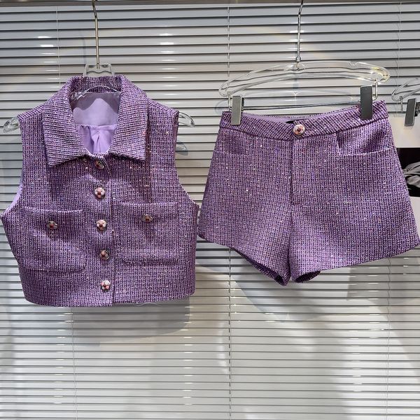 Kadınlar Mor Renk Dönüş Tweed Tweed Paillette Puillette Sapık Kolsuz Yelek Kat ve Şort Twinset 2 PC Takım SML