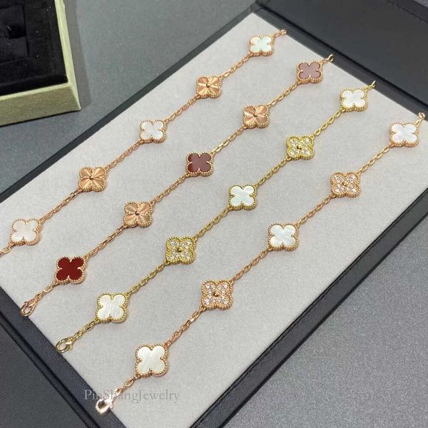 Clássico van jóias acessórios v ouro alta edição artesanato fanjia cinco flor quatro folhas grama pulseira branco fritillaria rosa diamante laser