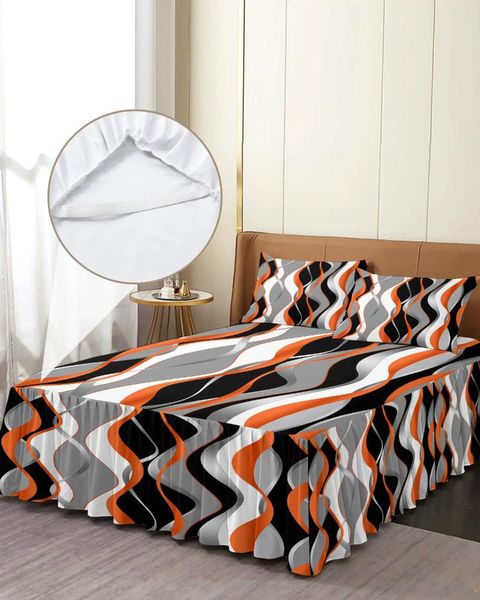 Saia de cama linhas abstratas gradiente laranja elástico colcha com fronhas capa de colchão conjunto de cama lençol