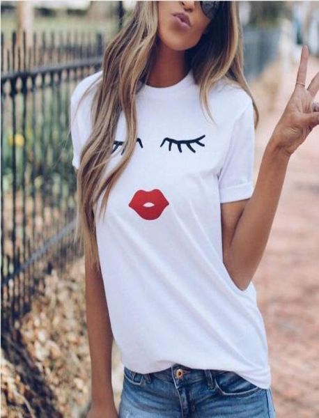 Hübsches und süßes Eye Lashes Red Lips Print Damen-T-Shirt Sommer Casual Kurzarm O-Ausschnitt T-Shirt Damen Weiß T-Shirt Tops9709595