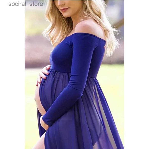 Vestidos de maternidade verão vestido de gravidez novo pescoço de uma linha de mangas compridas com costura de algodão apertado maternidade es para sessão de fotos l240308