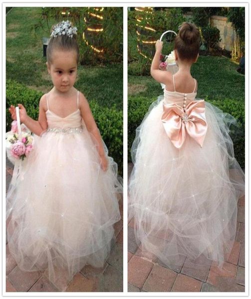 Immagine reale Champagne Kids Girl039s Abiti da spettacolo Grandi perline con fiocco Spalline Moda Matrimonio Abito da ballo piccola principessa Flo6868754