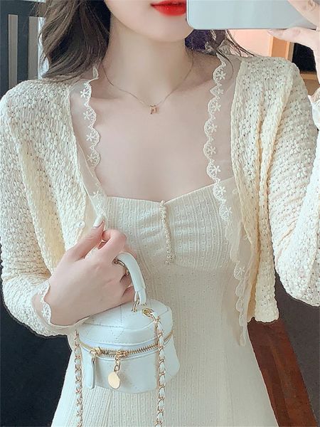 Strickjacken 2023 Elegante Damenschals Langarm Rüschen Blumenspitze Achselzucken Offene Vorderseite Koreanische Strickjacke Tops Damen Hochzeit Wrap Brautschal