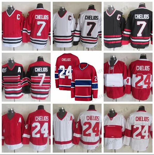 Maglie da hockey vintage da uomo n. 7 Chris Chelios Retro 1992 # 24 Camicie classiche cucite Chelios 75th C Patch Nero Rosso Bianco