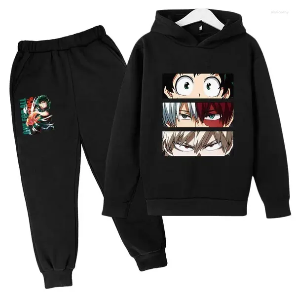 Conjuntos de roupas 2024- Crianças Sportswear My Hero Academia Bebê Menino Meninas Moda Anime Ternos Dos Desenhos Animados Com Capuz Camisola Calças