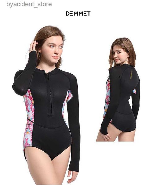 Mulheres Swimwear Mulher Quente Bikin Terno 1.5mm / 3mm Neoprene Wetsuit Equipamento Rosa Manga Longa Biquíni Mulheres Coreanas Impressão Swimwear 2XL L240308