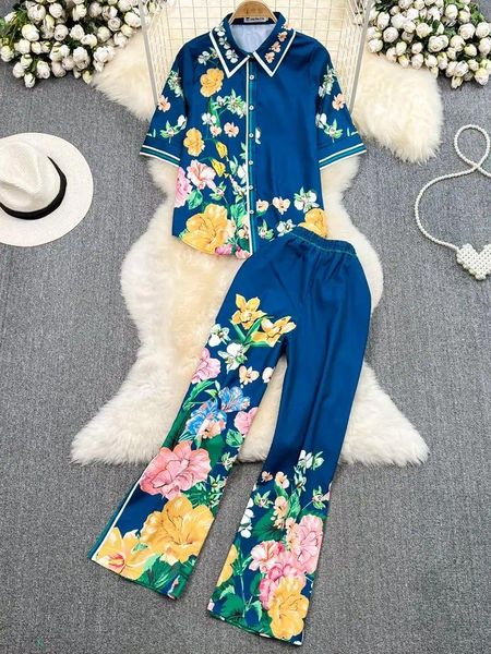 Calças femininas de duas peças verão pista flor impressão conjunto meia manga camisa solta blusa cintura elástica em linha reta nona roupas