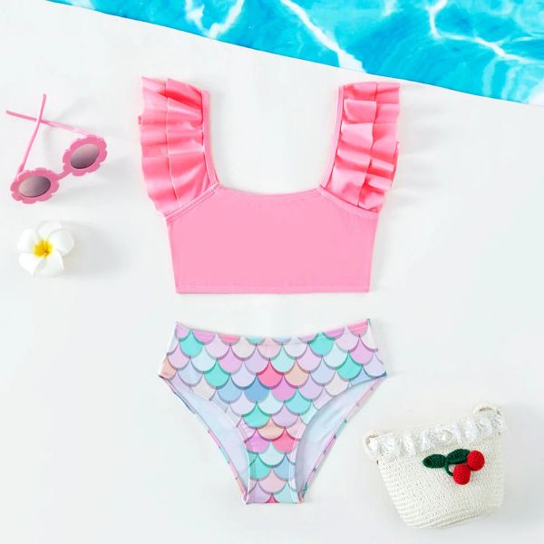 Bademode für Mädchen, Hot Springs, rosa Bikini-Sets, zweiteiliger Badeanzug mit Fischschuppen-Aufdruck für Mädchen, Badeanzüge, Strandkleidung, 514 Jahre