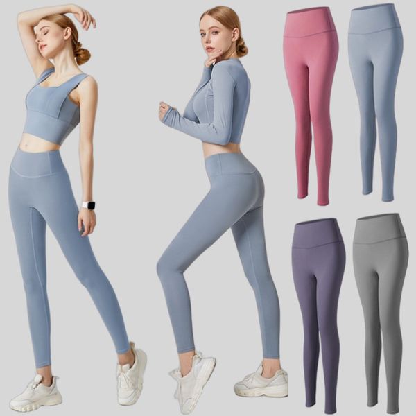 Lulu Leggings Calças de Yoga Mulheres Tecido Lycra Cor Sólida Mulheres Calças de Yoga Cintura Alta Esportes Ginásio Desgaste Leggings Elástico Fitness Senhora Esportes ao Ar Livre Calças Ativas