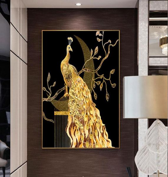 Pavão dourado borboleta flor pena pássaro pintura em tela animal arte de parede fotos para sala de estar decoração de casa sem moldura 1605228