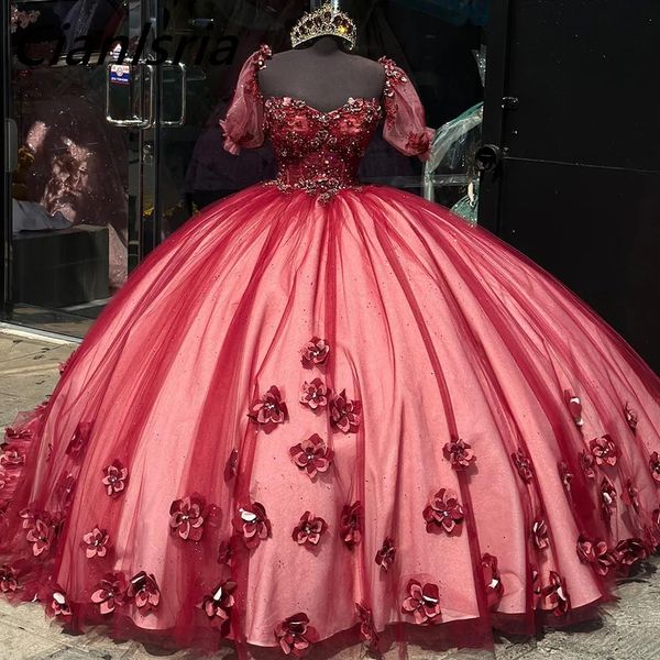 Abito da ballo di cristallo con perline rosso scuro Abiti Quinceanera con spalle scoperte Corsetto con fiori 3D Abiti da 15 anos