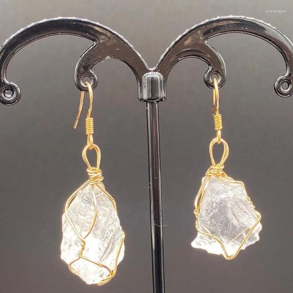 Baumelnde Ohrringe FYSL Hellgelbgold Farbe Wire Wrap Unregelmäßige Form Bergkristall Rosenquarz Schmuck