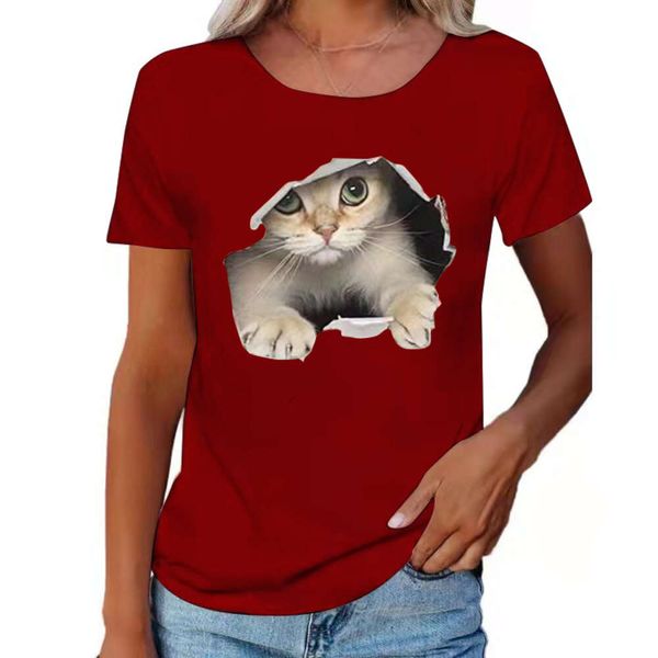 Trendiges Sommer-T-Shirt mit Rundhalsausschnitt, 3D-Katze, kurzärmelig, atmungsaktiv, speziell für Damen und Herren