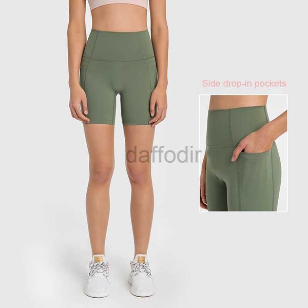 Aktif Pantolon L-178 Yüksek katlı yoga pantolon t-line çıplak hissi elastik sıkı kadınlar fitness sıcak pantolonlar ince fit eşofmanlar yan drop-in cepler spor şortları 240308