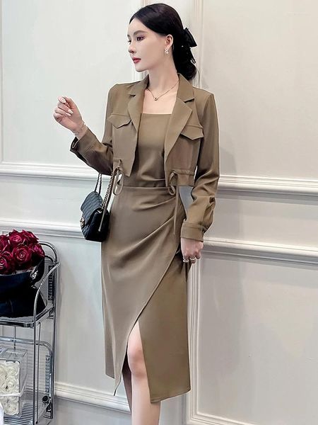 Vestidos de trabalho coreano elegante 2 peças roupas femininas terno de negócios curto recortado solto tops casaco blazer cinta dobras fenda midi vestido conjuntos primavera