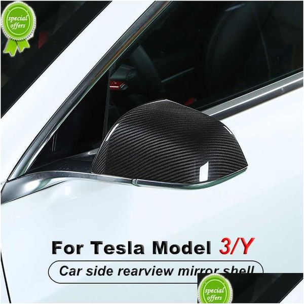 Outros acessórios interiores Novo 2 Pçs / set Material de Fibra de Carbono Real Carro Espelho Retrovisor Decorativo Shell para Tesla Modelo 3 Y -2021 Dhsnt