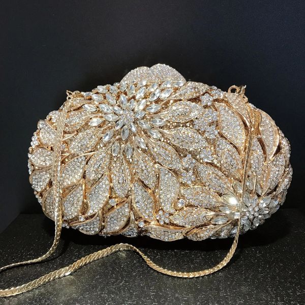 Ouro metal folhas cristais brancos sacos de embreagem noite luxo feminino festa casamento bolsa bola bolsas strass mini minaudiere 240304