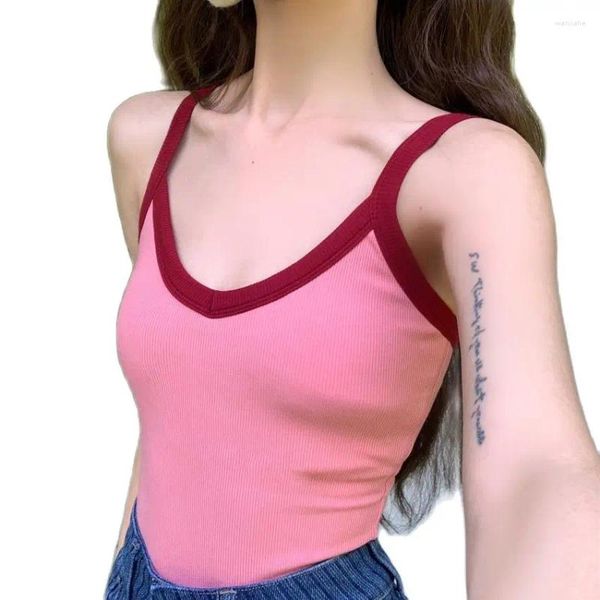 Kadın Tankları Avrupa Moda 2024 İlkbahar Yaz Kızları Tops Pamuk Spandex Singlet Tasarımları Kontrast Renk İnce Fit Kadınlar Üst