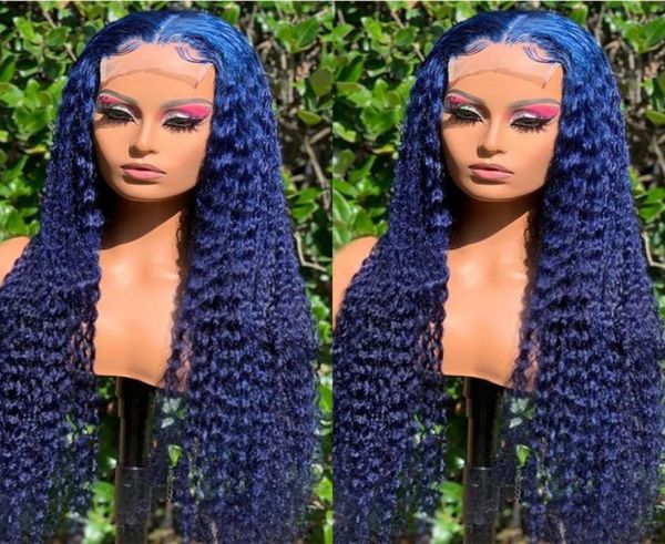 Koyu Mavi Kıvırcık Dantel Ön Brezilya İnsan Saç Perukları Kadınlar İçin Sentetik Frontal Peruk Babyhair Cosplay Party1733553