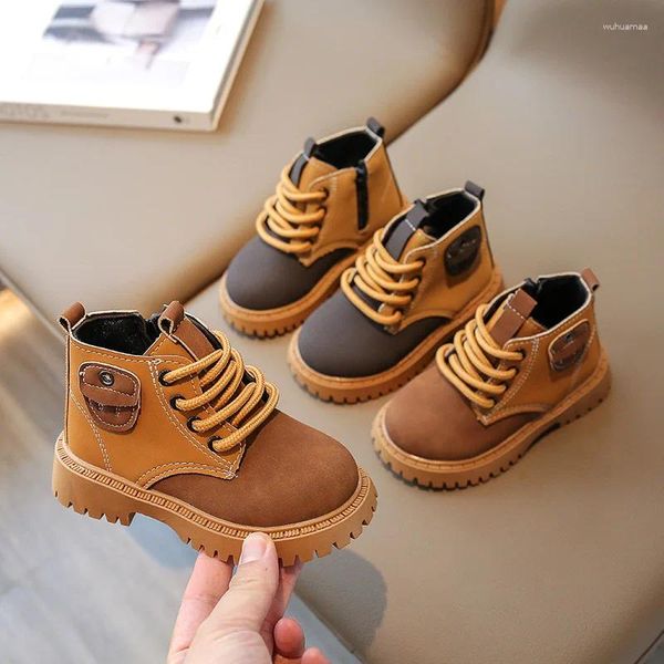 Сапоги, размер 21–30, осенняя детская обувь для маленьких мальчиков, осень 2024, обувь для мальчиков на шнуровке, скрывающая щиколотку, коричневый, черный