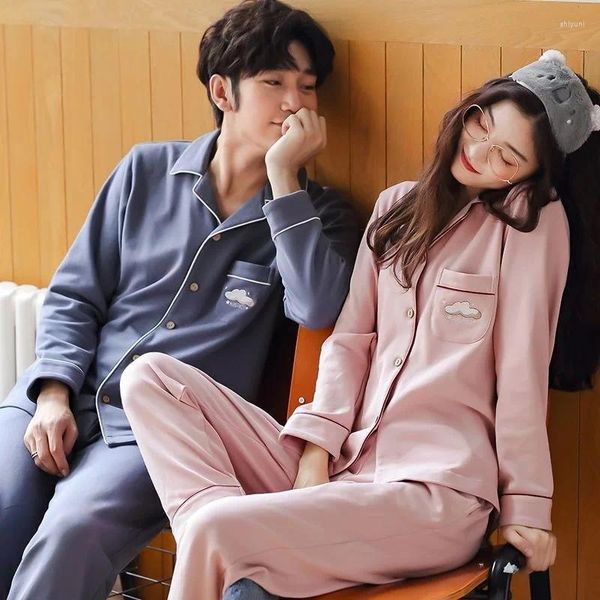 Homens sleepwear casal pijama manga longa algodão primavera outono coreano juventude terno homens mulheres bonito loungewear conjuntos meninos meninas nighty