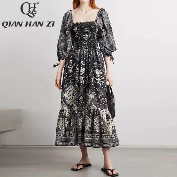 Abiti da festa QHZ Moda Abito vintage in cotone Donna Maniche a lanterna Vita sul petto Elastico Modello sottile Stampa Vacanza Lusso Lungo