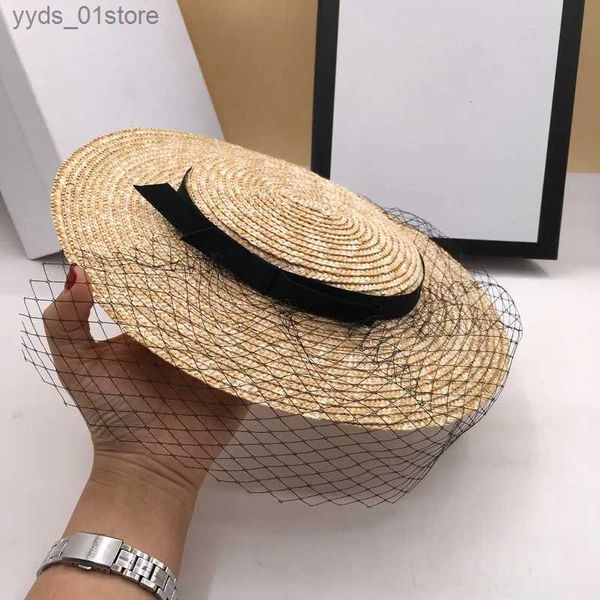 Chapéus de aba larga Bucket Chapéus Senhoras francesas nobres chapéus moda mulheres elegante fio líquido str chapéu trigo str europeu e americano britânico real cs l240308