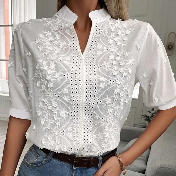 Elegante V-ausschnitt Laterne Kurzarm Weißes Hemd Vintage Tops Sommer Häkeln Hohl Bluse Mode Baumwolle Weibliche Kleidung 24350 240223