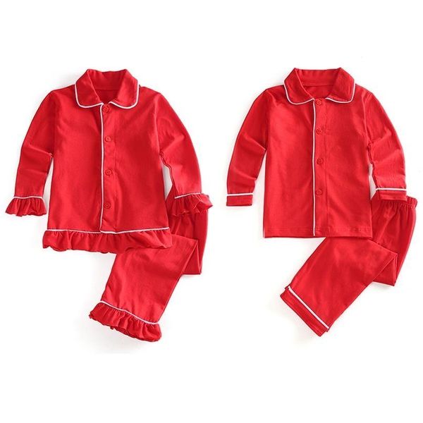 Pyjamas aus 100 % Baumwolle, 2-teilig, geknöpft, für Mädchen und Jungen, Nachtwäsche, Pyjama, Geschwister, Kinder, Kinder, einfarbig, rot, Weihnachtspyjama-Set 210903 Drop Dhbw7