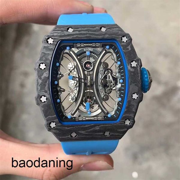 Relógios Richarmill Mens Black Luxury Watch Case de fibra de carbono Mecânica automática Butterfly Buckle Borracha Blue Strap Hollow Movem