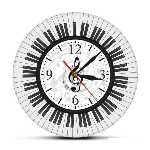 Orologi da parete Tastiera di pianoforte Chiave di violino Arte della parete Orologio moderno Note musicali Orologio in bianco e nero Music Studio Decor Pianista Regalo Y2001 Dhl9I