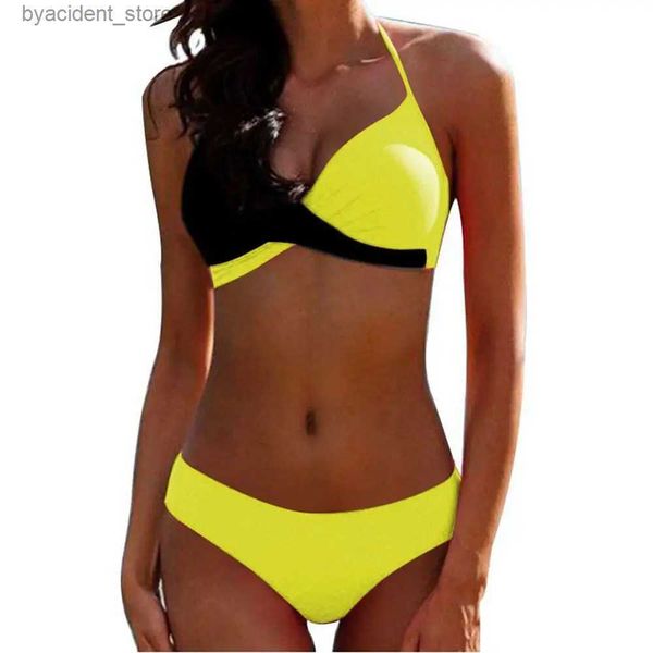 Mulheres Swimwear Push Up Bikini Halter Sexy Swimsuit Mulheres Plus Size S-2XL Swimwear Amarelo e Preto Patchwork Praia Banheira Terno Biquini Roupas L240308