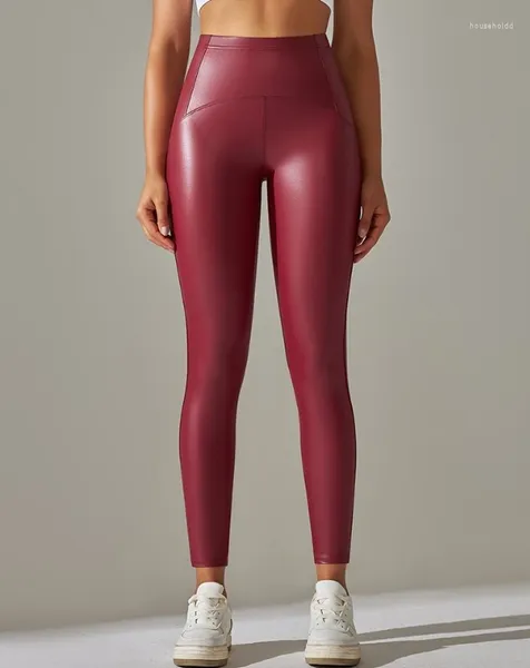 Pantaloni da donna Leggings elastici sportivi Tasche a vita alta Pantaloni da yoga skinny per il sollevamento dell'anca foderati in pile in pelle PU